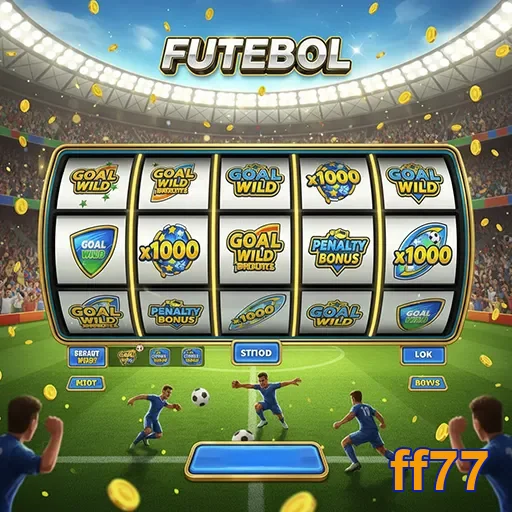 Imagem do jogo de slot de futebol no site ff77, destacando símbolos e elementos relacionados ao tema.